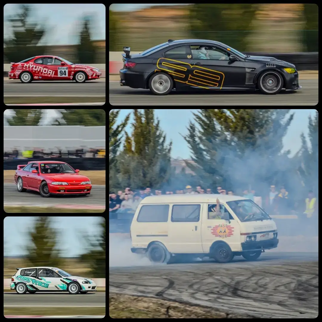 Foto en Fast and Nice en el circuito de Kotarr con un Hyundai Coupé Rojo de carreras, el BMW M3 de JaviSRC, un Nissan Silvia rojo derrapando, una Nissan Vanette y un Honda Civic tuneado.