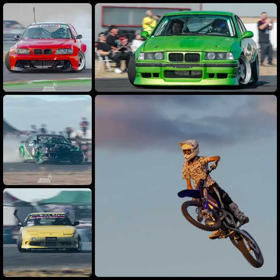 DriftDay and Night en FK1 2025, BMW rebetxiki, motorista volando, nissan derrapando.