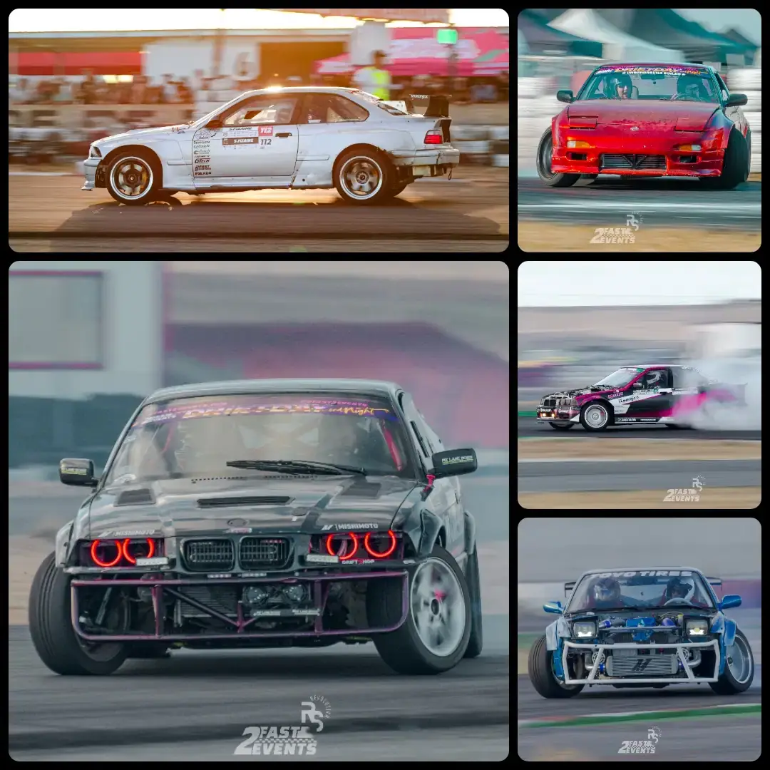 DriftDay and Night en FK1 2025, BMW 1000cv puesta de sol, bmws drifteando y nissan 200sx derrapando.