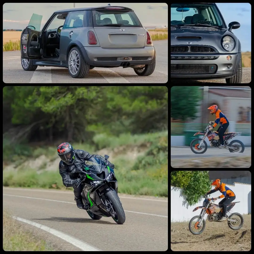 Sesiones de fotos, Moto KTM, acrobacias, Kawasaki ZX 6R y Mini Cooper S.